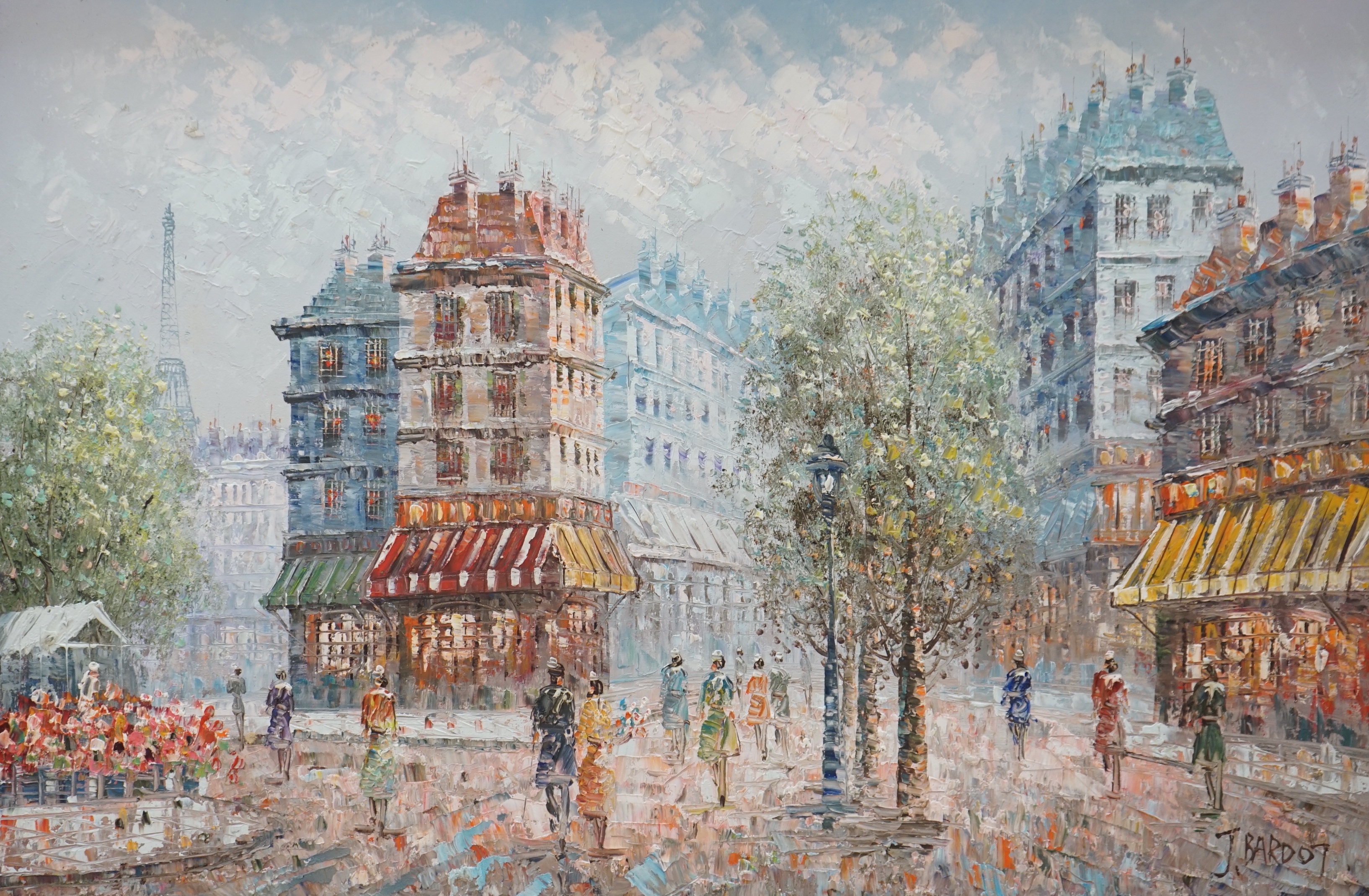 J. Bardot (French, 20th. C), impressionist oil on canvas, Parisian street scene, signed, 90cm x 60cm